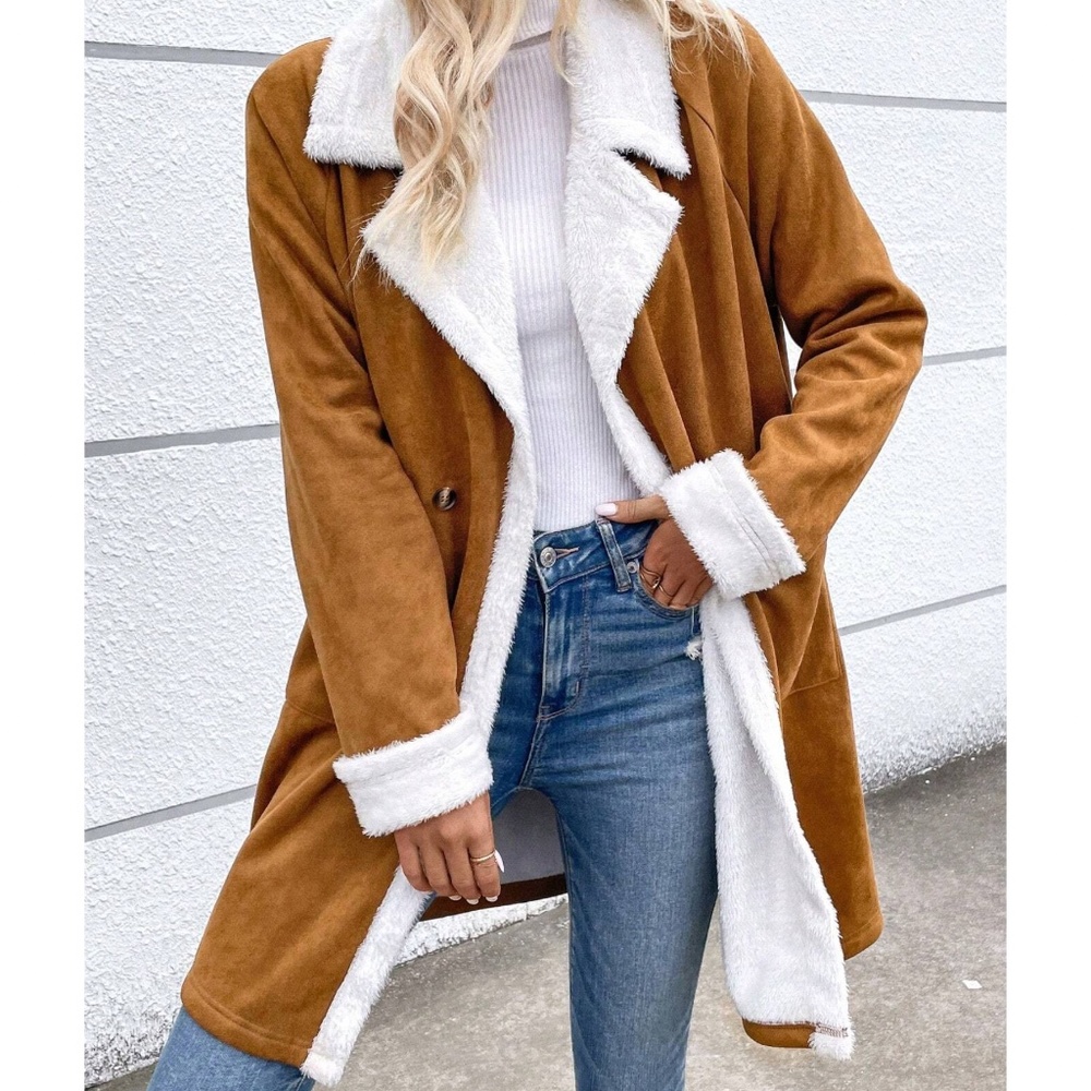 sherpa shearling lined pocket trench pea coat came - Picture 1 of 6